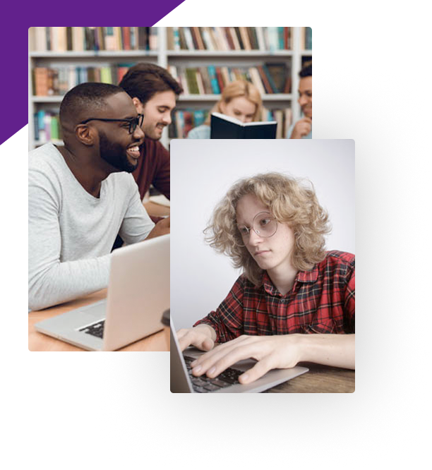 Two images overlap: one shows a group of people at a library table with laptops, the other shows a person in glasses and a checked shirt typing on a laptop.