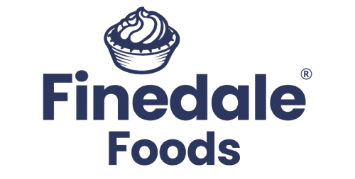 Logo for Finedale Foods featuring a stylised pie with whipped topping above the company name in bold, blue text on a light background, subtly highlighting their commitment to language training and clear communication.