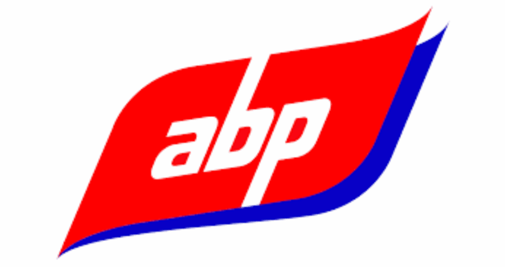 Red and white "abp" logo on a blue and white outlined shape, representing Adblock Plus, an advert-blocking software often used during online language training sessions.
