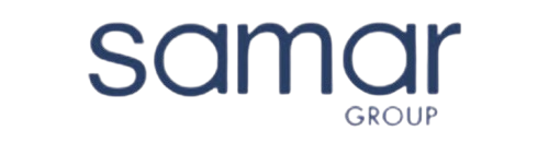 Logo displaying the word "samar" in large blue letters with "GROUP" in smaller text below it on a light background, representing expertise in language training.